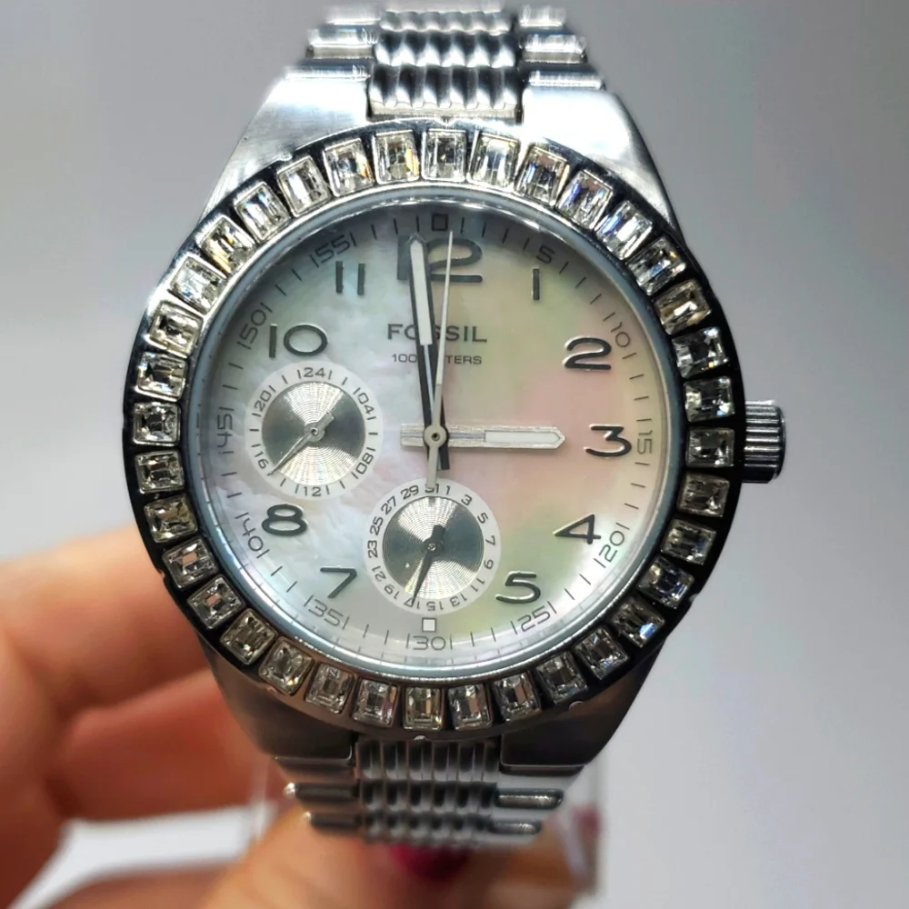 Fossil Watch BQ9360 Silver Steel Wristband Mother of Pearl Face Dual Subdial